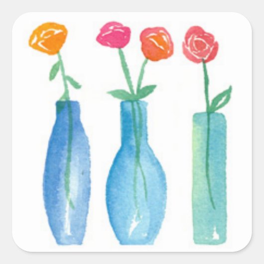 Roze Rozen Boeket Waterverf Flowers Vierkante Sticker (Voorkant)