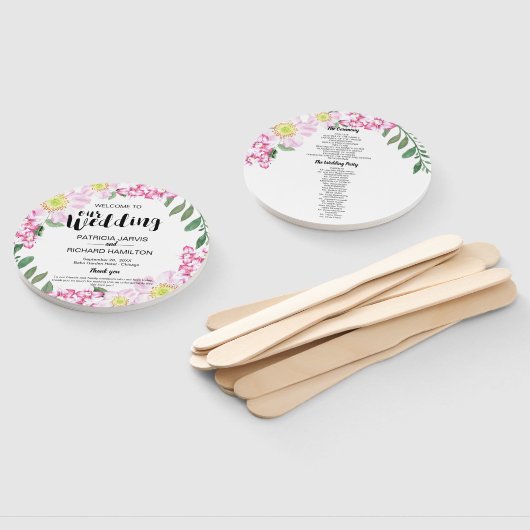 Roze Rozen Boho Bloemen Waterverf Trouwprogramma Handwaaier (Niet-gemonteerd)