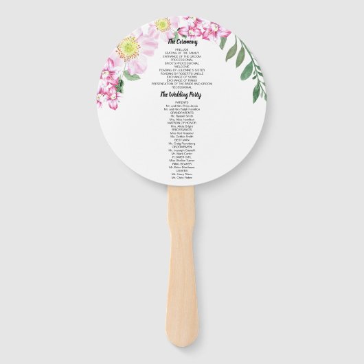 Roze Rozen Boho Bloemen Waterverf Trouwprogramma Handwaaier (Achterkant)