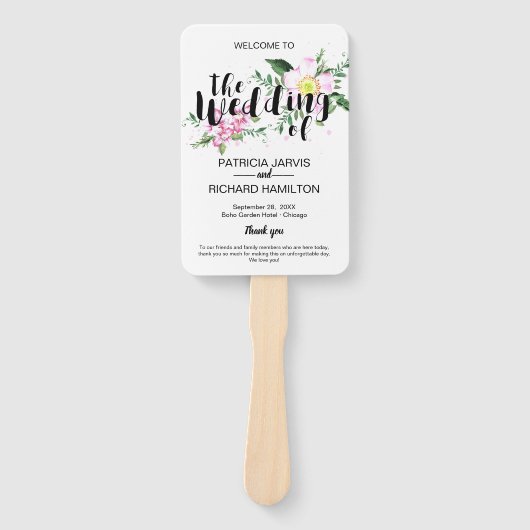 Roze Rozen Boho Bloemen Waterverf Trouwprogramma Handwaaier (Voorkant)