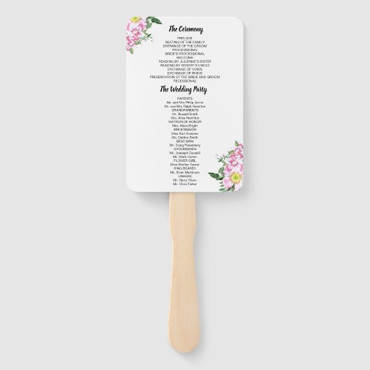 Roze Rozen Boho Bloemen Waterverf Trouwprogramma Handwaaier (Achterkant)