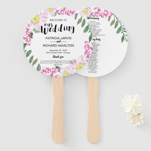 Roze Rozen Boho Bloemige Waterverf Trouwprogramma Handwaaier (Voorkant en achterkant)