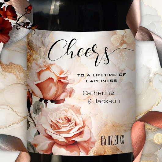 Roze Rozen Boho Glam Bruiloft Wijn Etiket