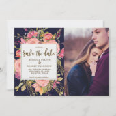 Roze Rozen Boho Navy Save the Date Fotokaart Kaart (Voorkant)