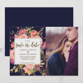 Roze Rozen Boho Navy Save the Date Fotokaart Kaart (Voorkant / Achterkant)