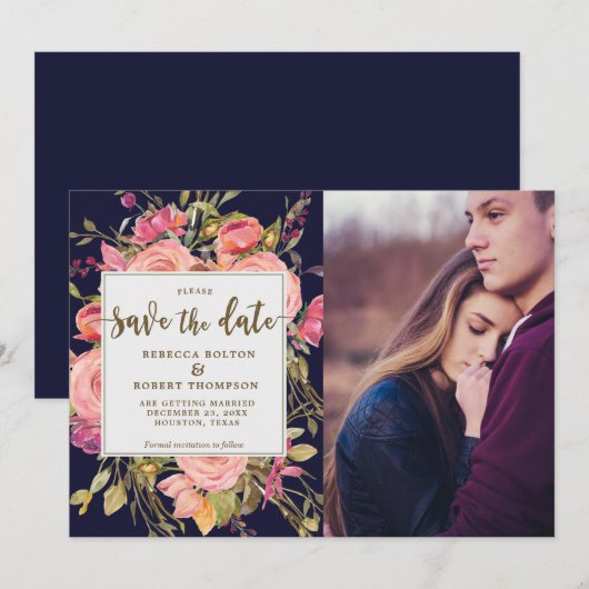 Roze Rozen Boho Navy Save the Date Fotokaart Kaart (Voorkant / Achterkant)