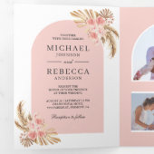 Roze Rozen Boho Pampas Boog QR Code Trouwen Drieluik Uitnodiging (Binnenzijde eerst)