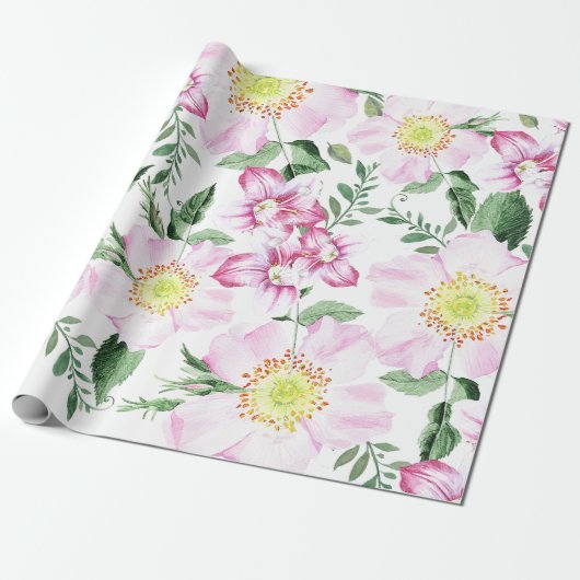Roze Rozen Boho Waterverf Bloemmotief Cadeaupapier (Uitgerold)