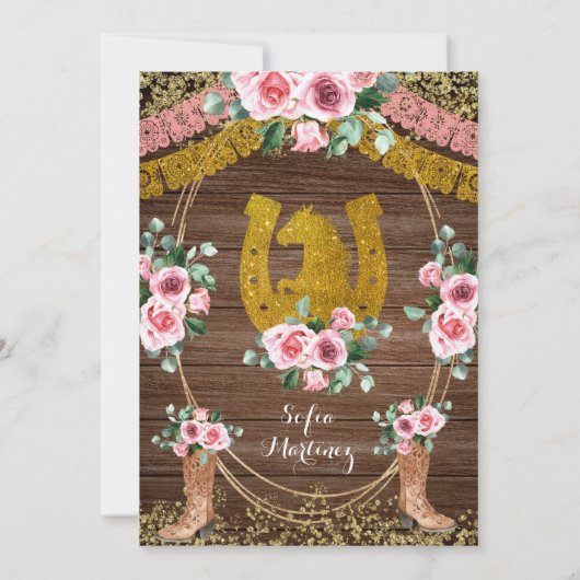 Roze rozen & Boots Charra Quinceanera 2 Kaart (Achterkant)