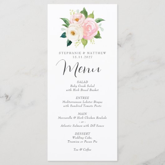 Roze Rozen Botanische Aquarel Trouw Menu (Voorkant)