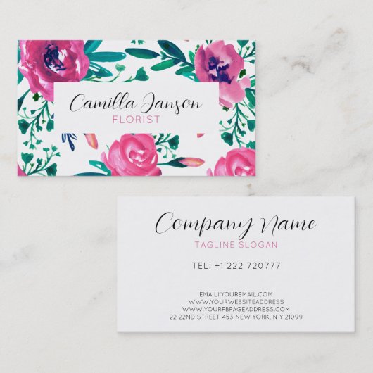 Roze rozen boven visitekaartje (Voorkant / Achterkant)