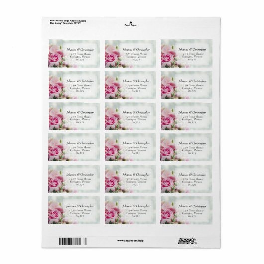 Roze Rozen Bruiloft Adres Label (Full Sheet)