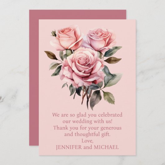 Roze Rozen bruiloft Bedankt Opmerking (Voorkant / Achterkant)