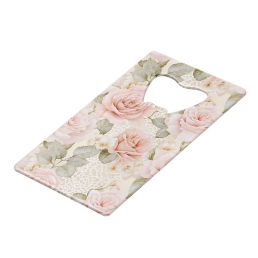 Roze Rozen Bruiloft Creditkaart Flessenopener (Voorkant Gekanteld)