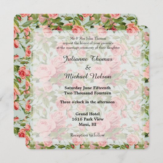  roze rozen bruiloft kaart (Voorkant / Achterkant)