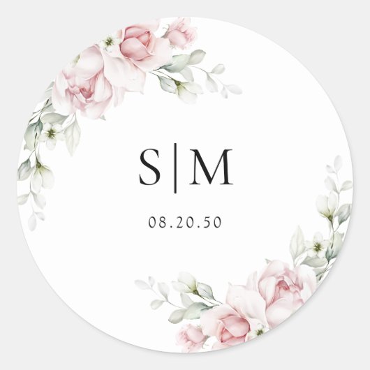 Roze Rozen Bruiloft Klassieke Ronde Sticker (Voorkant)