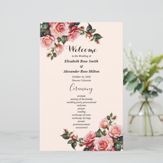  roze rozen bruiloft programma (Staand voorkant)