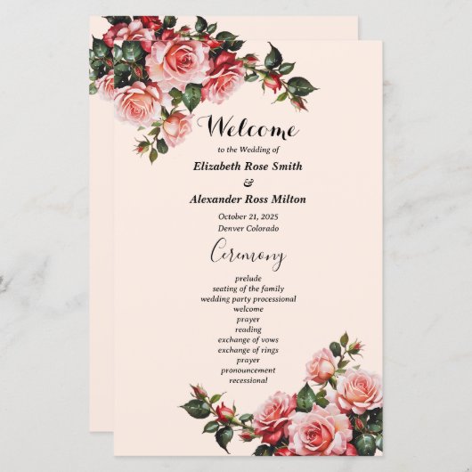  roze rozen bruiloft programma (Voorkant / Achterkant)