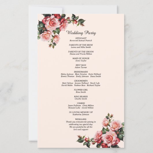  roze rozen bruiloft programma (Achterkant)