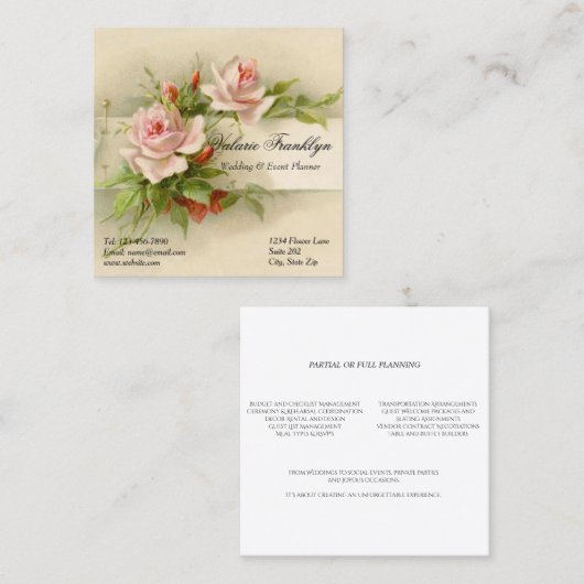  roze rozen bruiloft vierkante visitekaartje (Voorkant / Achterkant)