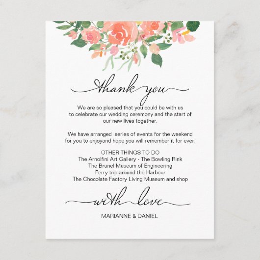 Roze Rozen Bruiloft Weekend Route Welkom Informatiekaartje (Achterkant)