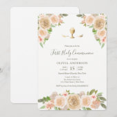 Roze rozen calice eerste communie uitnodiging (Voorkant / Achterkant)