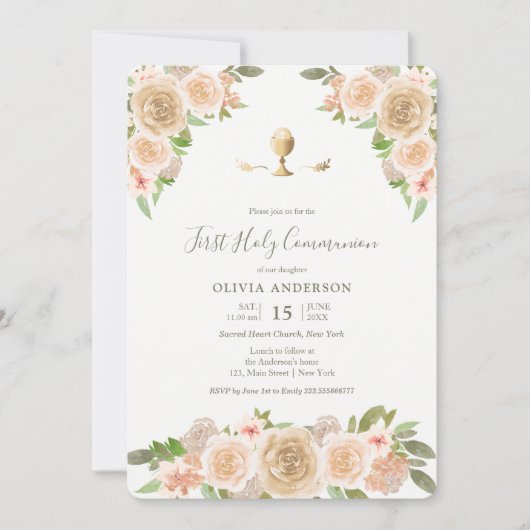 Roze rozen calice eerste communie uitnodiging (Voorkant)