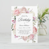 Roze Rozen Calligraphy Verjaardagsfeestje Vrouweli Kaart (Staand voorkant)
