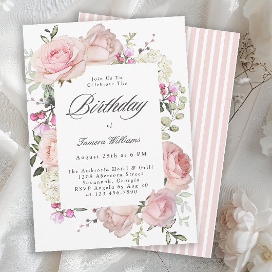Roze Rozen Calligraphy Verjaardagsfeestje Vrouweli Kaart