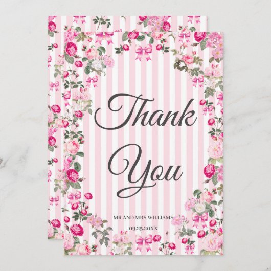 Roze Rozen Coquette Bow Stripes Kaart (Voorkant / Achterkant)