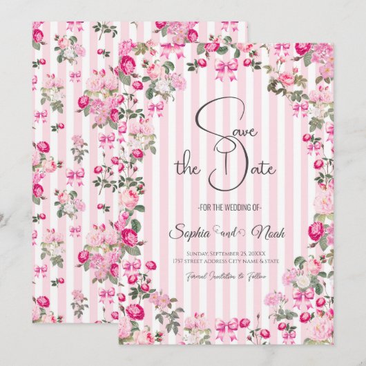 Roze Rozen Coquette Bow Stripes Kaart (Voorkant / Achterkant)