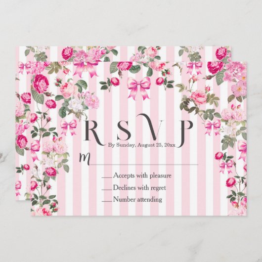  Roze Rozen Coquette Bow Stripes Kaart (Voorkant / Achterkant)