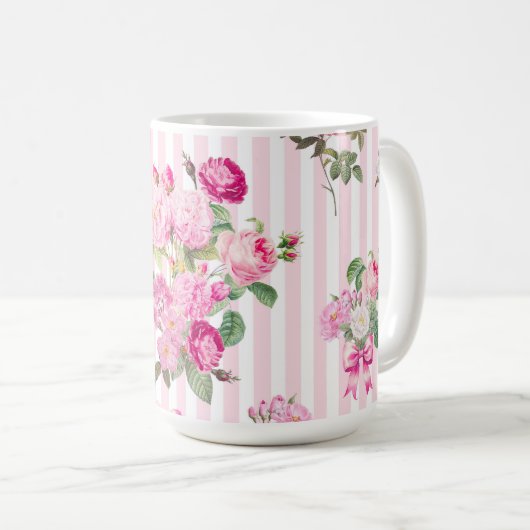  Roze Rozen Coquette Bow Stripes Koffiemok (Voorkant rechts)