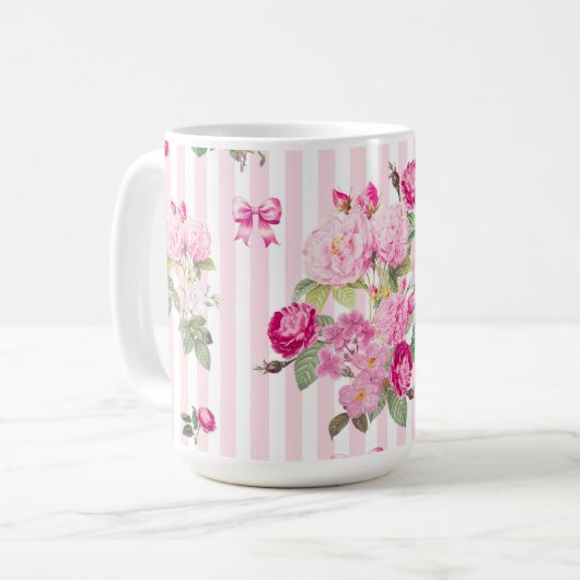 Roze Rozen Coquette Bow Stripes Koffiemok (Voorkant links)
