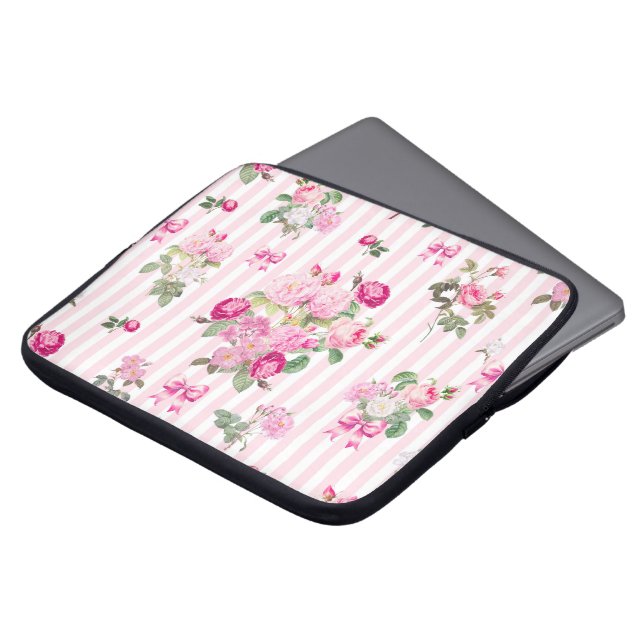  Roze Rozen Coquette Bow Stripes Laptop Sleeve (Voorkant top)