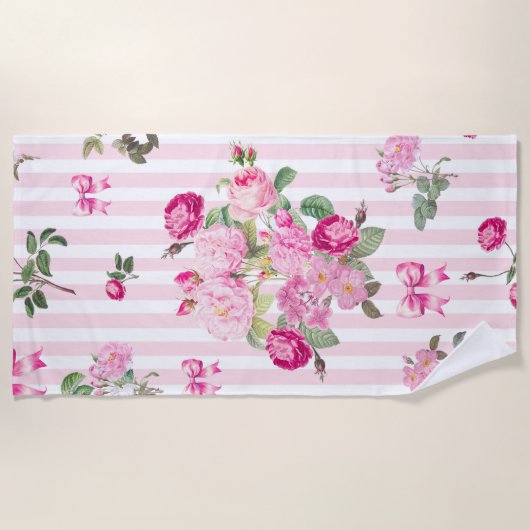  Roze Rozen Coquette Bow Stripes Strandlaken (Voorkant)
