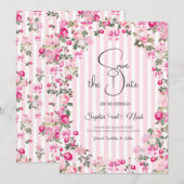 Roze Rozen Coquette Strik Strepen Vintage Kaart (Voorkant / Achterkant)