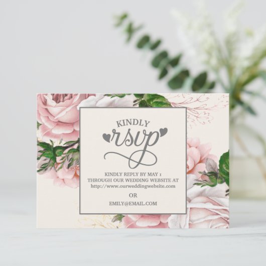 roze Rozen crème Wedding RSVP (Staand voorkant)