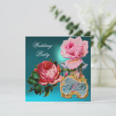 ROZE ROZEN,CUPID KANT HART BLAUWE HUWELIJKSE MONOG KAART (Staand voorkant)