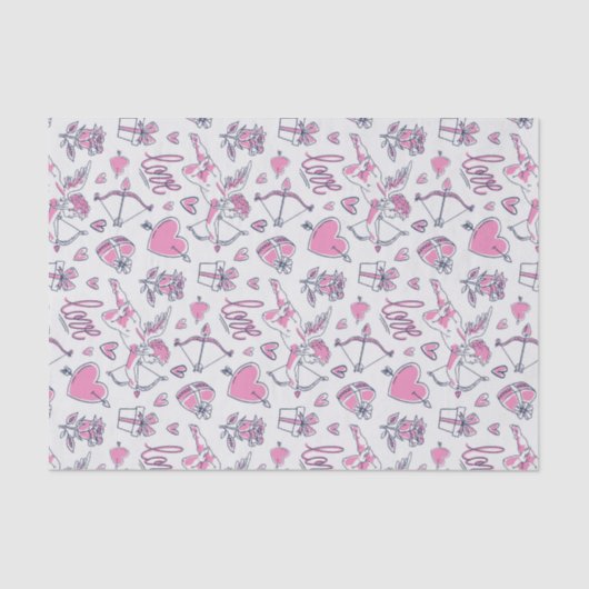 Roze Rozen Cupido Liefde Hart Patroon Valentijnsda Tissuepapier (Voorkant)