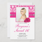 Roze Rozen & Damask Diamant Bling Uitnodigingen (Voorkant)