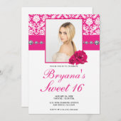 Roze Rozen & Damask Diamant Bling Uitnodigingen (Voorkant / Achterkant)