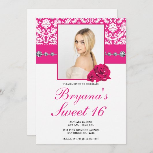 Roze Rozen & Damask Diamant Bling Uitnodigingen (Voorkant / Achterkant)