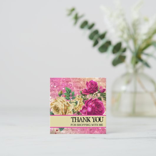 Roze rozen Dank je Logo Vierkante Visitekaartje (Staand voorkant)