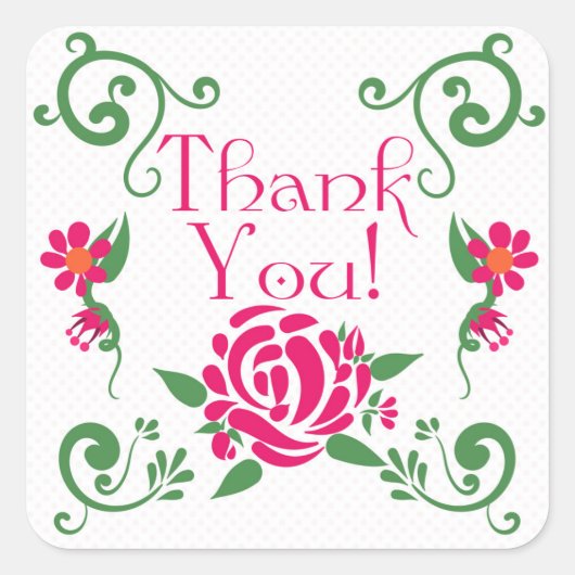Roze rozen Dank je vierkante Stickers, glanzend Vierkante Sticker (Voorkant)