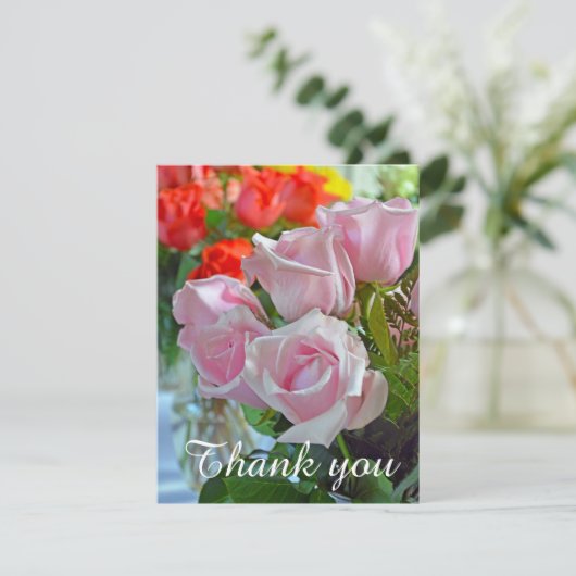 Roze rozen dank u bedankkaart (Staand voorkant)