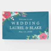 Roze rozen | Deep Blue Welkom op onze bruiloft Spandoek (Horizontaal)