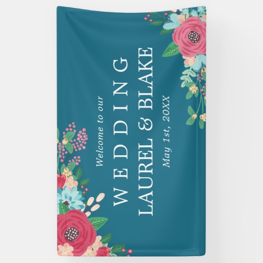 Roze rozen | Deep Blue Welkom op onze bruiloft Spandoek (Verticaal)