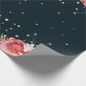 roze rozen diamanten marineblauw elegant cadeaupapier (Hoek)