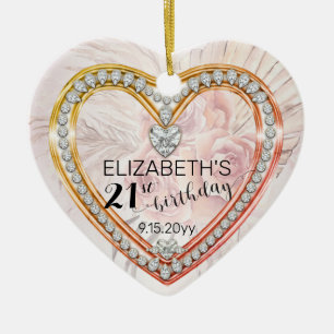 Roze rozen Diamonds 21ste verjaardag Keepslag Orn Keramisch Ornament
